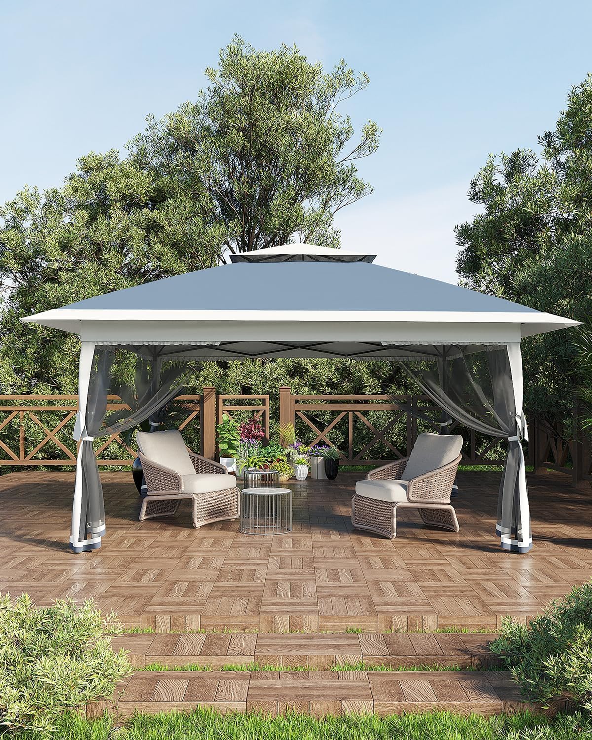 Canopy Tent 12x12 ft, Pop Up Gazebo One-Push Setup with 4 SandBags for Backyard Parties and BBQs, Mosquito Netting & Height Adjustable - Navy Blue