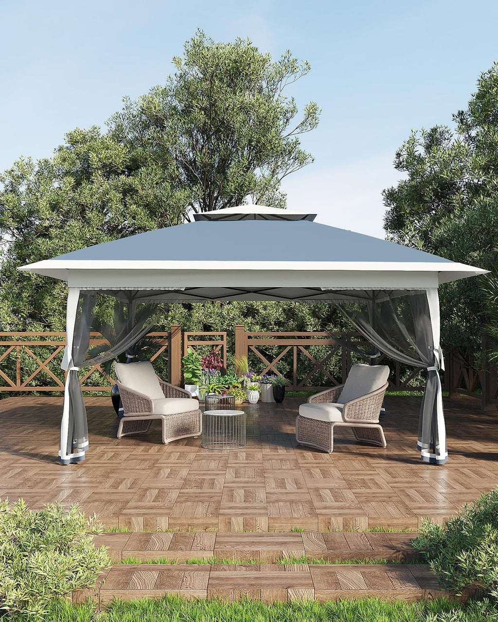 Canopy Tent 13x13 ft, Pop Up Gazebo One-Push Setup with 4 SandBags for Backyard Parties and BBQs, Mosquito Netting & Height Adjustable - Navy Blue