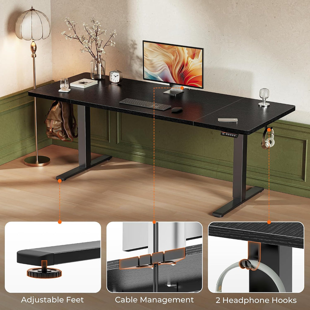 Huuger 71 x 30 Large Electric Standing Desk, Height Adjustable Computer Desk, 29.5' Deep Desktop, Stand up Gaming Office Table with 2 Hooks, 3 Preset Heights, for Home Office, Black