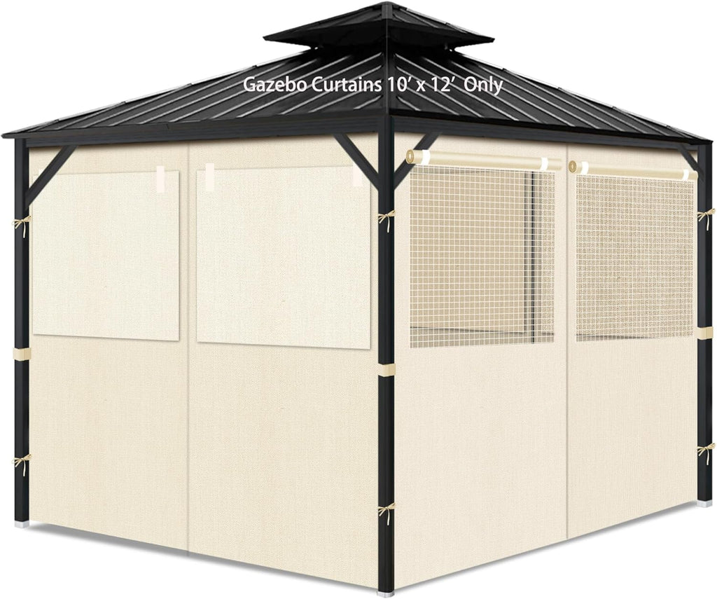 Gazebo Privacy Curtains 10' x 12' with Mosquito Windows, 4-Panels Side Wall with Zipper Universal Replacement for Patio, Outdoor Canopy, Garden and Backyard, Beige(Curtain Only)