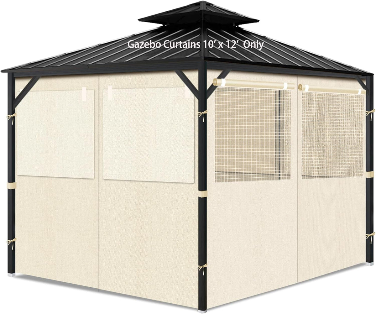 Gazebo Privacy Curtains 10' x 12' with Mosquito Windows, 4-Panels Side Wall with Zipper Universal Replacement for Patio, Outdoor Canopy, Garden and Backyard, Beige(Curtain Only)