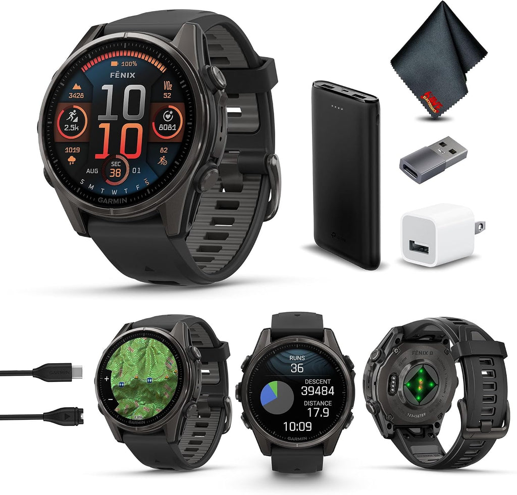 Garmin Fenix 8 43MM AMOLED Sapphire Premium Multisport GPS Smartwatch Carbon Gray DLC Titanium with Black Gray Silicone Band, Built-in LED Flashlight, Fitness and Health Smart Watch Bundle for Men