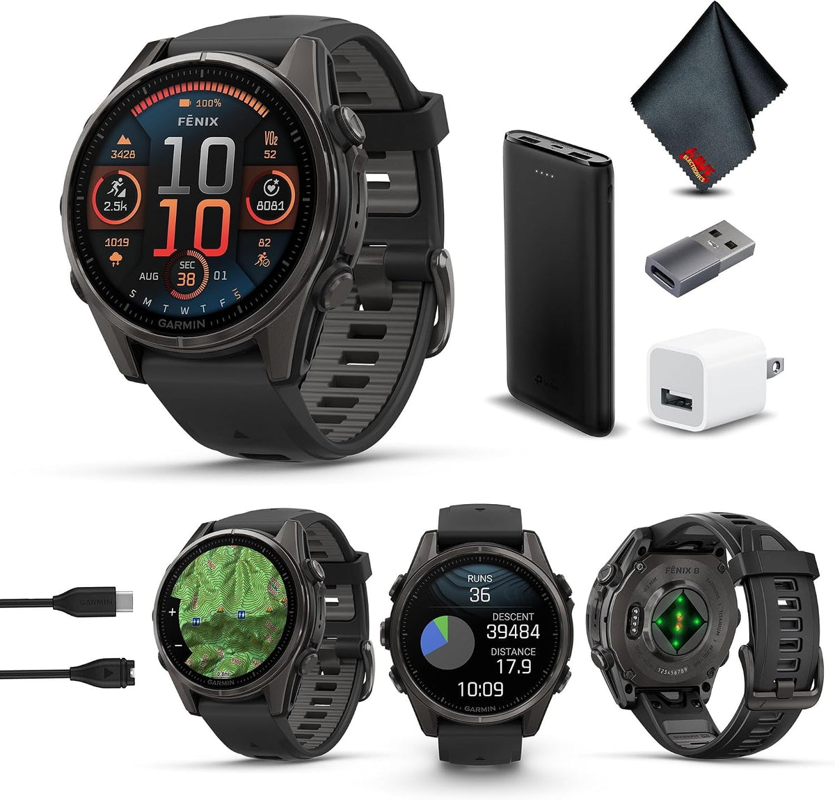 Garmin Fenix 8 43MM AMOLED Sapphire Premium Multisport GPS Smartwatch Carbon Gray DLC Titanium with Black Gray Silicone Band, Built-in LED Flashlight, Fitness and Health Smart Watch Bundle for Men