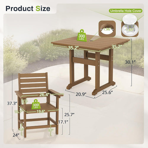 5 Piece Outdoor Dining Set, HDPS Patio Table and Chairs Set, 35' Patio Table with 1.96' Umbrella Hole & 4 Chairs, All Weather Furniture for Garden, Backyard, Poolside (Brown)