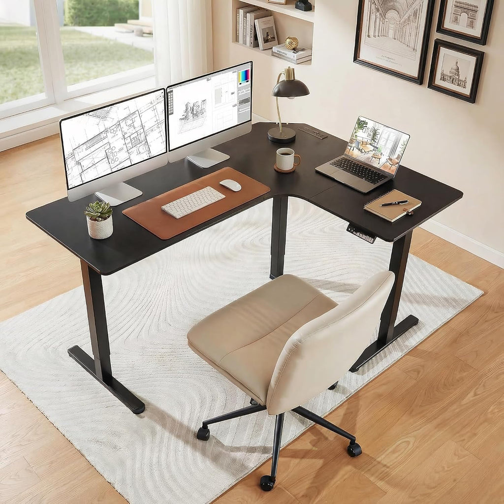 HUANUO 63″ L-Shaped Standing Desk, Built-in Power Outlets, Electric Height Adjustable Corner Computer Desk, Large Power Strip Holder, Sit Stand Up Desk with 3 Preset Heights, Black