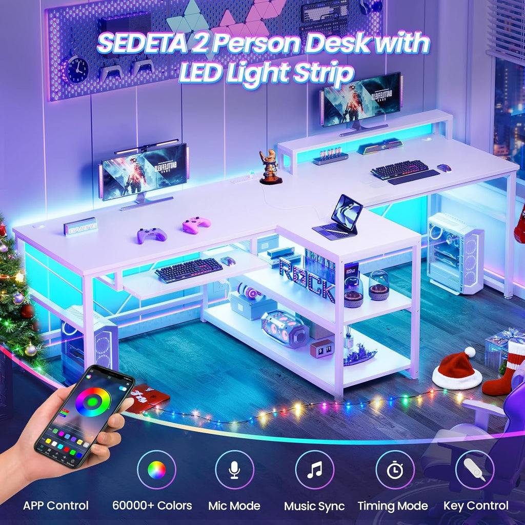 SEDETA 94.5' White Computer Desk, Two Person Gaming Desk with LED Light, Keyboard Tray, Power Strip with USB, Monitor Shelf & Storage, Extra Long Double Desk for Home Office, White