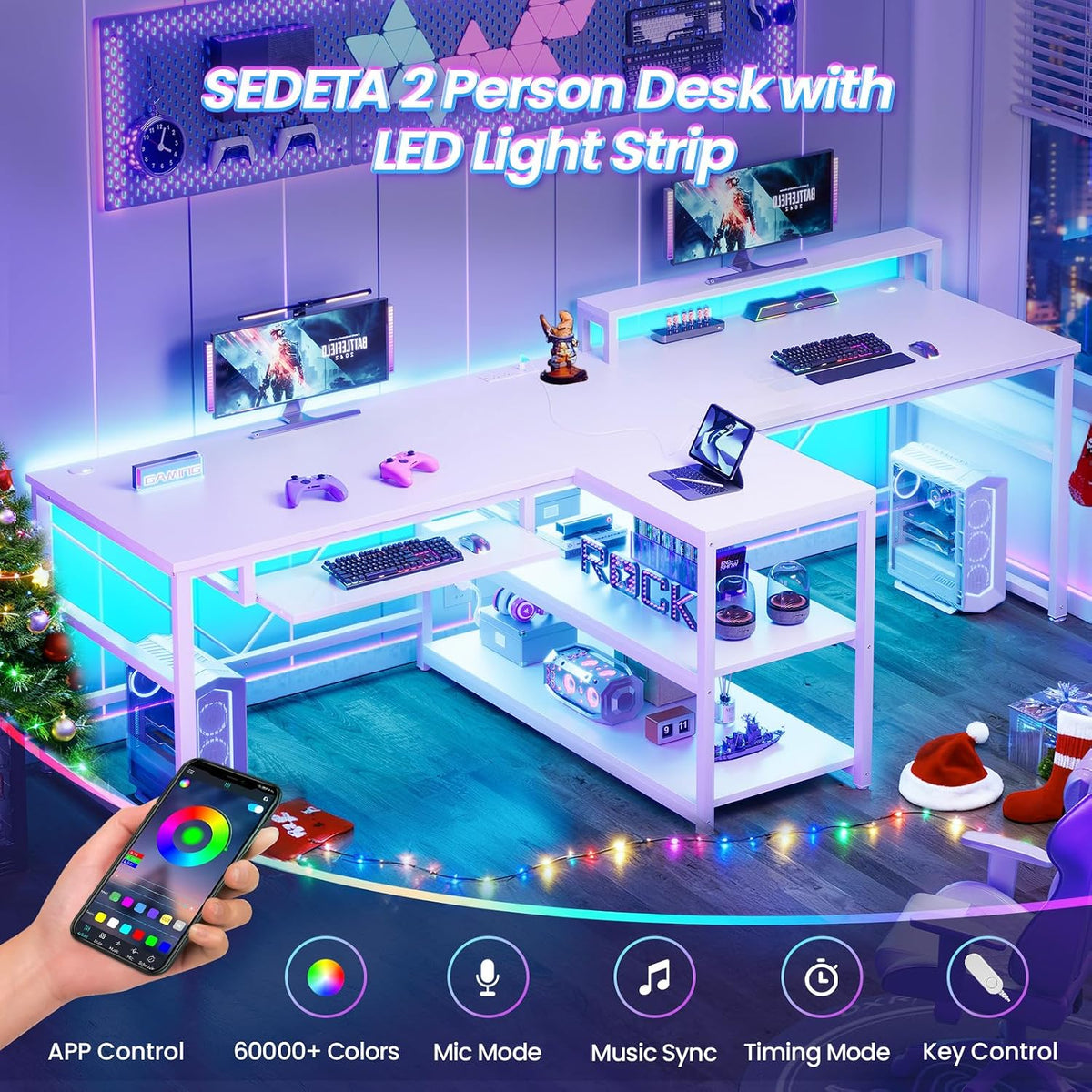 SEDETA 94.5' White Computer Desk, Two Person Gaming Desk with LED Light, Keyboard Tray, Power Strip with USB, Monitor Shelf & Storage, Extra Long Double Desk for Home Office, White