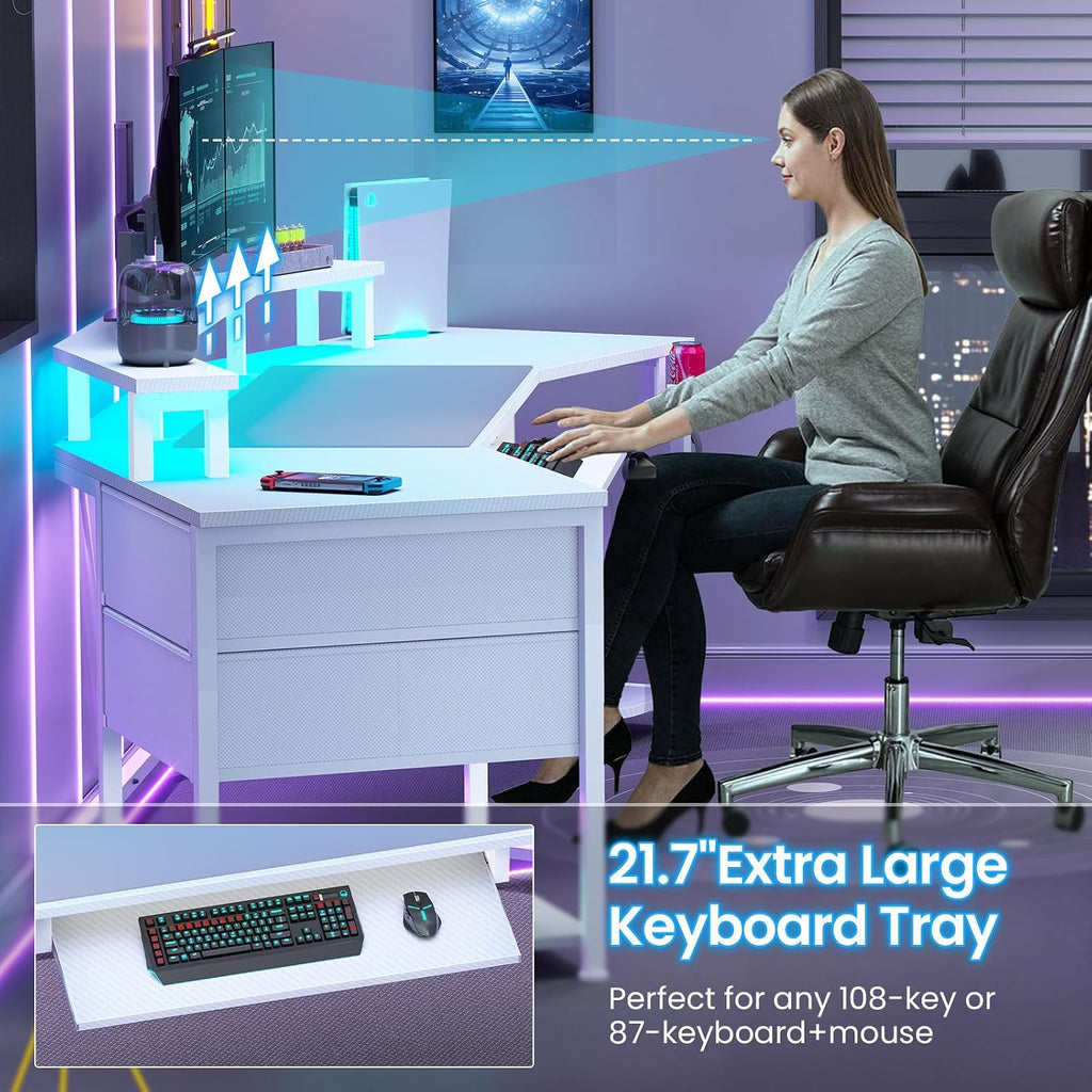 Itaar 79' Gaming Desk with 2 Fabric Drawers, Long Computer Desk with Power Strip & LED Lights, U Shaped Desk with Storage and Cup Holder, Large Gaming Table for Bedroom, Carbon Fiber White