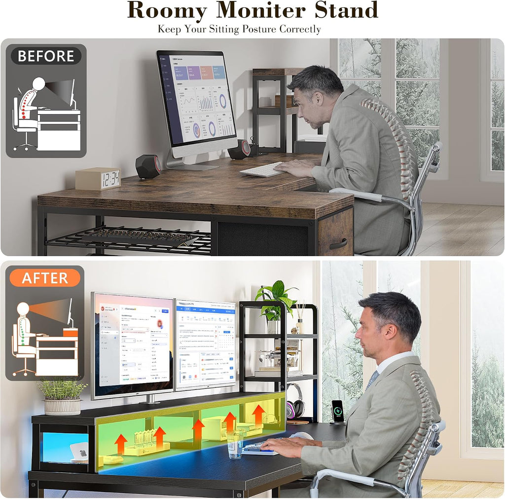 EnHomee 55 Inch Gaming Desk with Hutch and Drawers,Reversible Computer Desk with Monitor Shelf,Home Office Desks with USB Power Outlets and Storage,Pc Work Desk for Office with LED Lights,Black