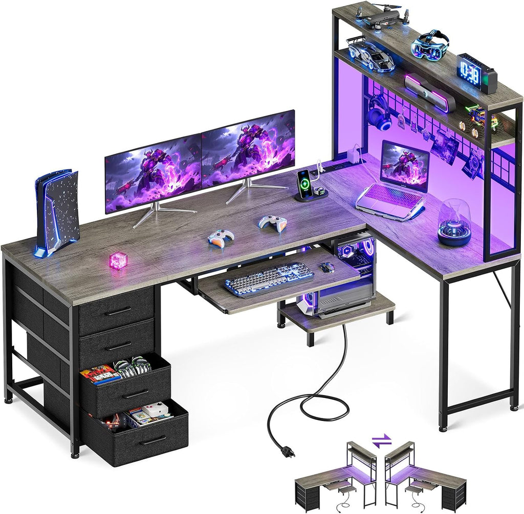 AODK 59 Inch L Shaped Desk with 4 Drawers, Gaming Desk with Led Lights & Power Outlets, Computer Desk with Pegboard & Keyboard Tray, Reverisble Home Office Desk with Storage Shelves & CPU Stand, Grey