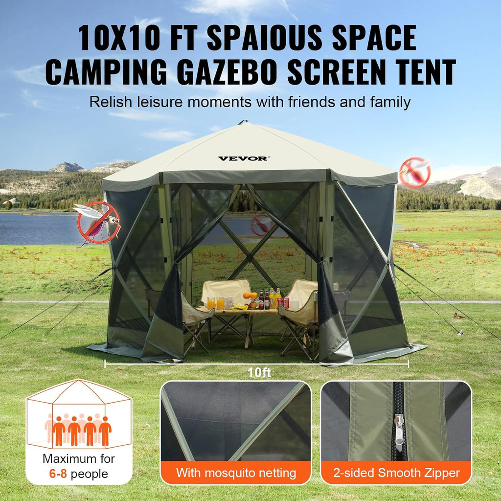 VEVOR 10x10FT Pop Up Gazebo Tent with Mosquito Netting, 6 Removable Wind Panels & Mesh Windows, 6-Sided Screen Canopy for Patio, Army Green