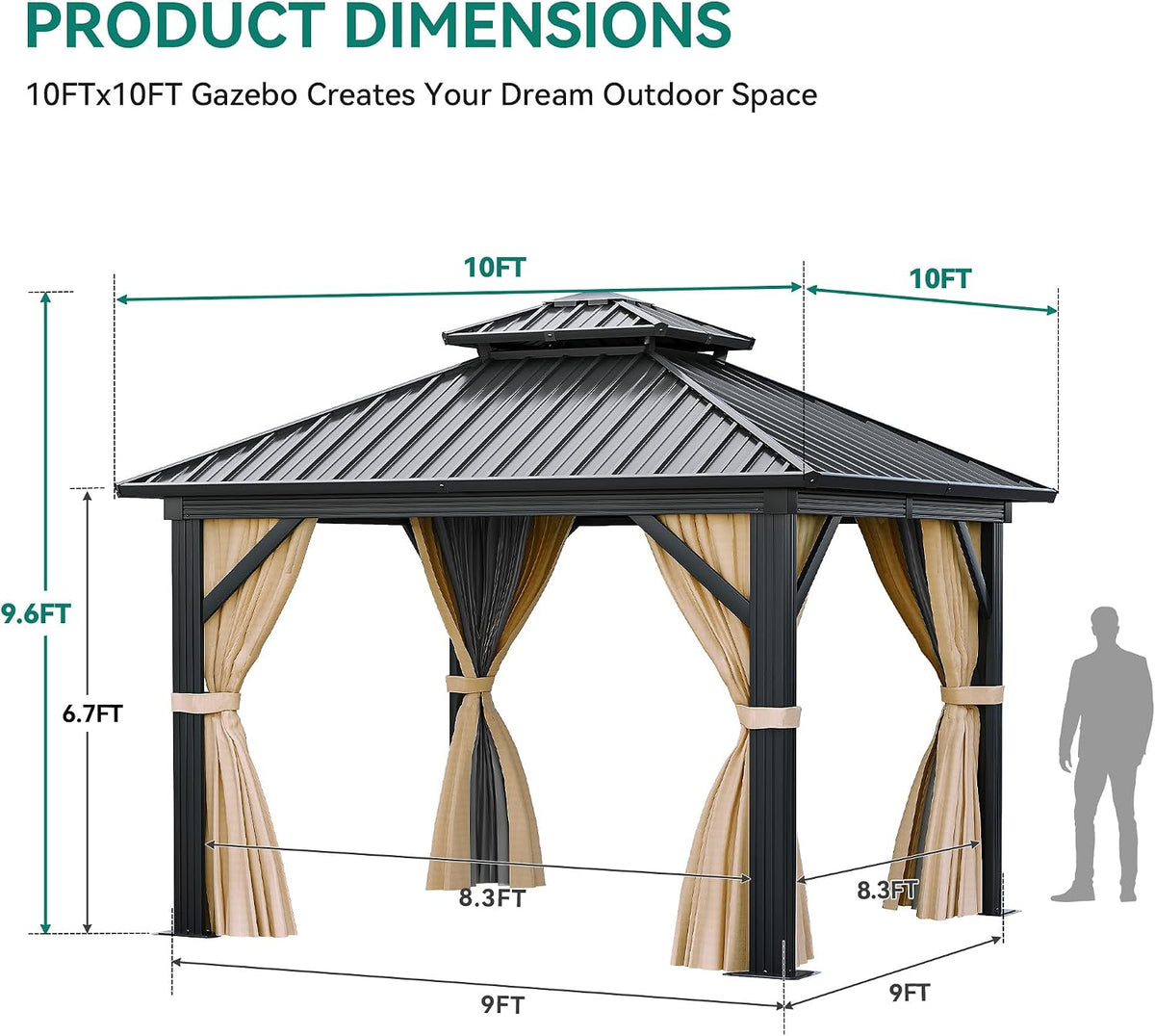 YITAHOME 10x10ft Gazebo Hardtop Double Roof Canopy w/Netting and Curtains, Outdoor Gazebo 2-Tier Hardtop Galvanized Aluminum Frame Garden Tent for Patio, Backyard, Deck and Lawns, Brown
