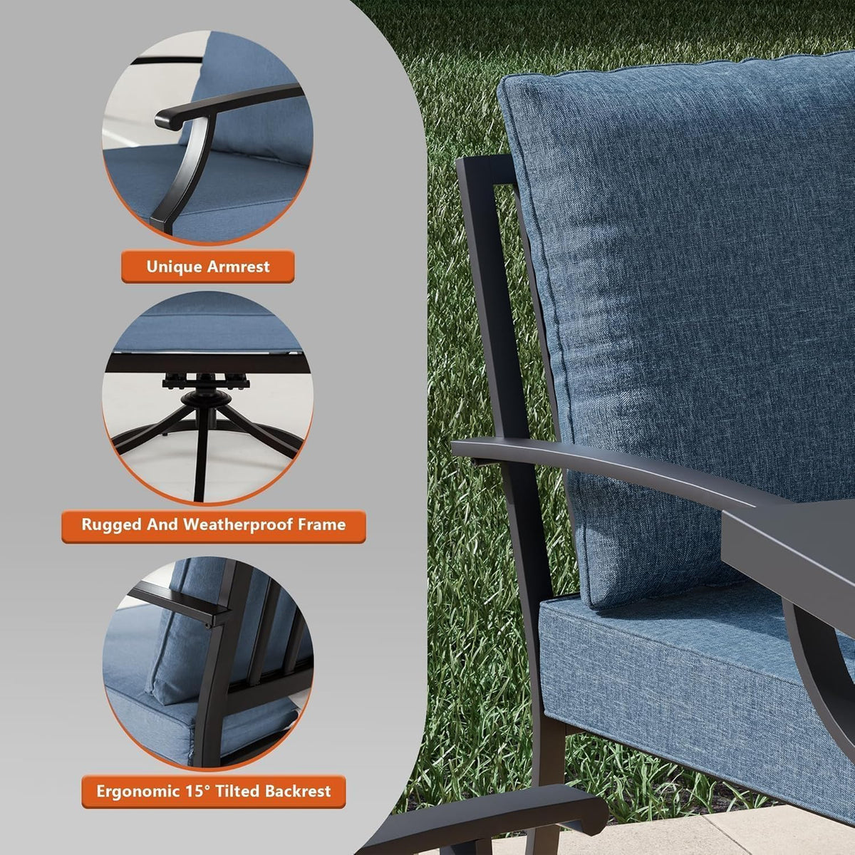 7 Pcs Outdoor Patio Furniture Set with 48'/55000 BTU Outdoor Round Propane Fire Pit Table,Patio Conversation Sets 6 Fixed Chairs No-Slip Cushions and Waterproof Covers,NavyBlue