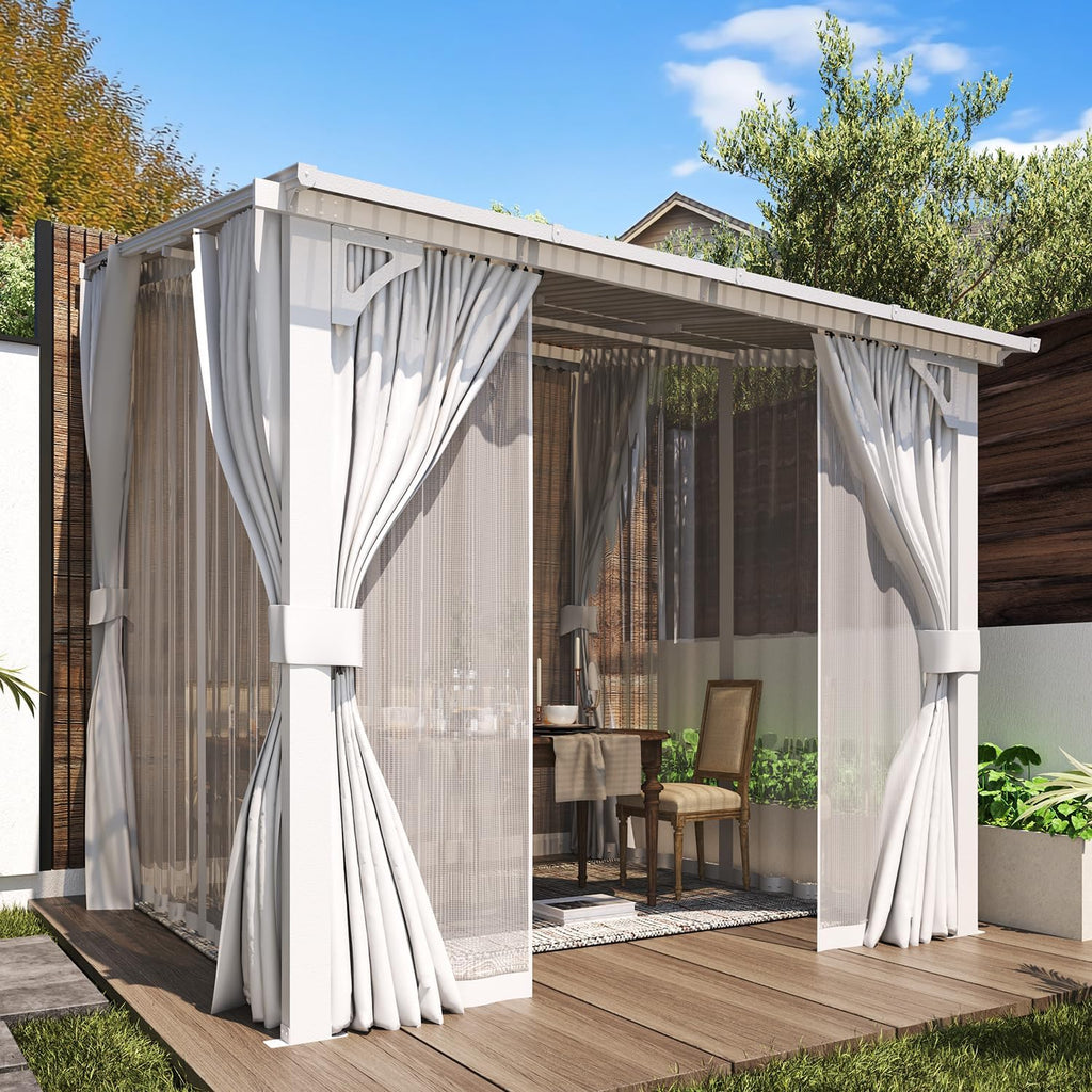 AECOJOY 8'x8' Outdoor Lean to Gazebo Pergola with Curtains and Netting for Patio, Small Wall Mounted Pergolas and Grill Gazebos Clearance, Heavy Duty Carport Metal Awnings Canopy for Deck in White