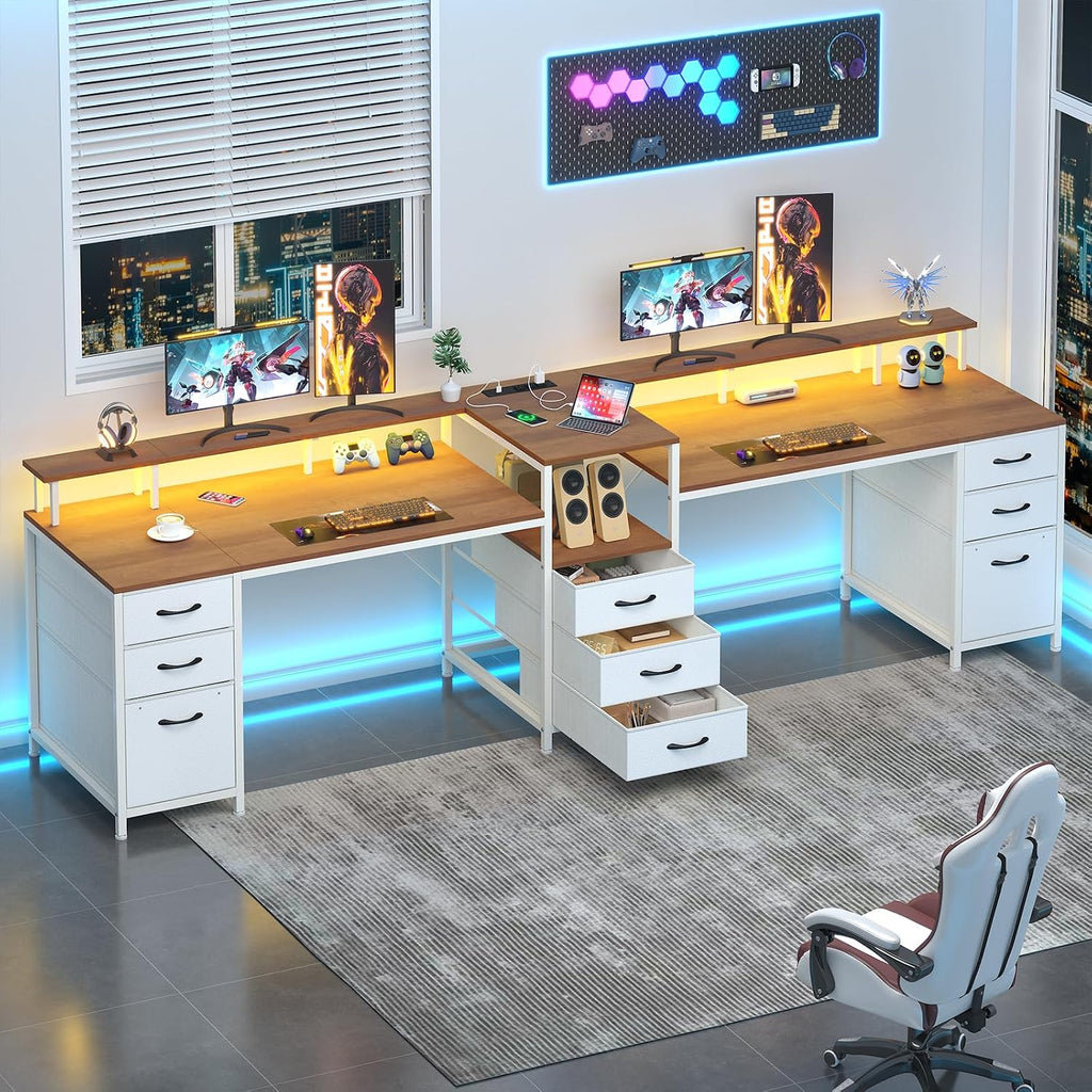 YOMILUVE 98.4' Long Computer Desk with 9 Drawers, 2 Person Gaming Desk with LED Lights & Power Outlet, Two Person Home Office Desk with Storage, Printer Shelf ＆ Monitor Stand, Brown and White