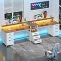 YOMILUVE 98.4' Long Computer Desk with 9 Drawers, 2 Person Gaming Desk with LED Lights & Power Outlet, Two Person Home Office Desk with Storage, Printer Shelf ＆ Monitor Stand, Brown and White
