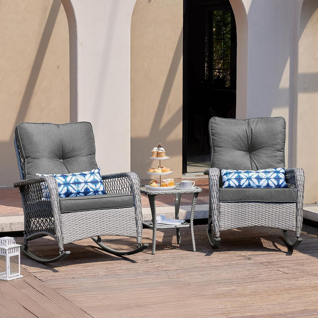 UDPATIO Rocking Chair Outdoor Set 2 with Coffee Table, 3 Piece Wicker Rocking Bistro Set with 4' Water-Resistant Cushions, Oversized, 350lbs Heavy-Duty, for Porch, Patio, Balcony, Grey