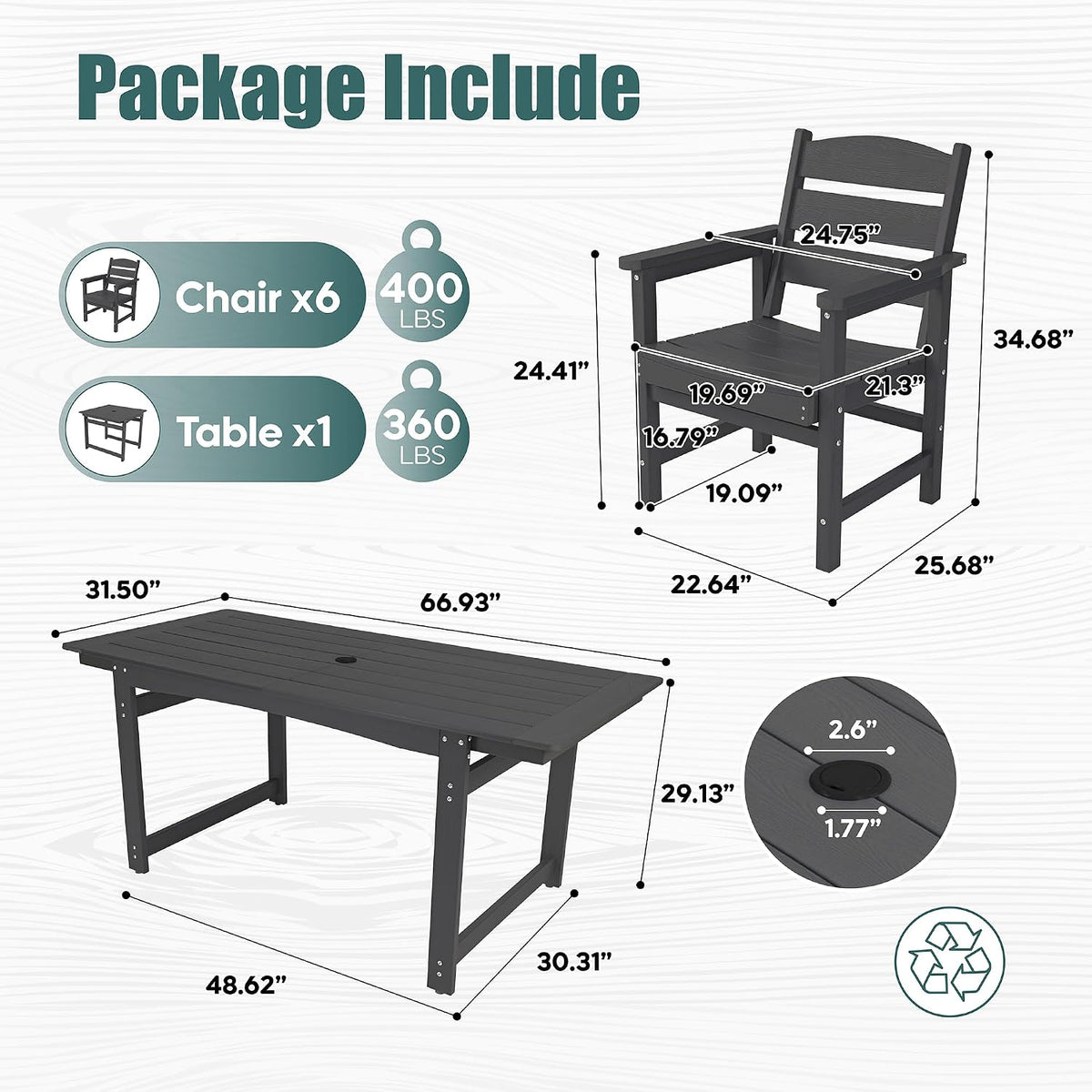 HIPS All-Weather Patio Dining Table Sets 7-Piece,Outdoor Table and Chairs,Dining Furniture Set with Umbrella Hole,Patio Table and Chairs Sets for 6|for Lawn, Garden, Backyard, Poolside