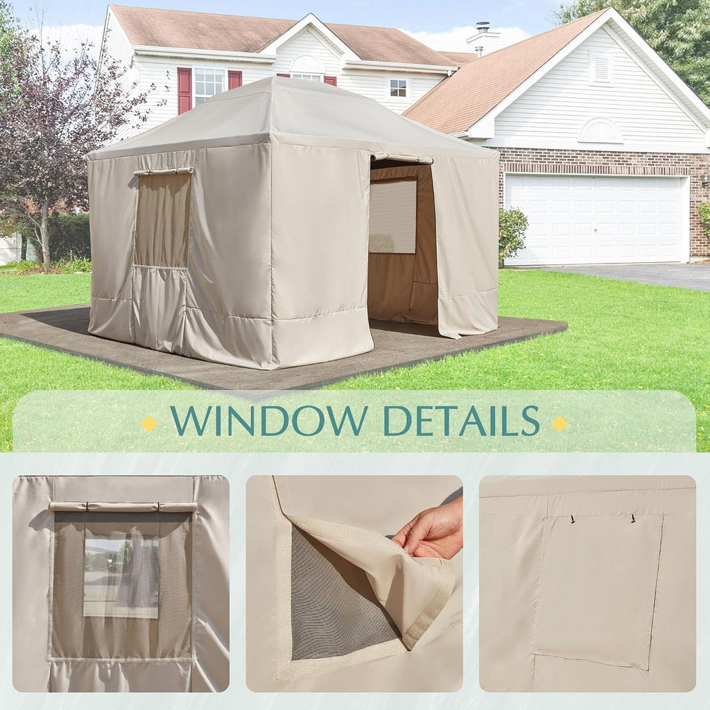 EROMMY Gazebo Cover for 10'x13' Gazebos,Outoor Winter Gazebo Cover with Sidewalls and Mesh Windows,Convert Gazebo into a Storage Space,Beige(Gazebo not Included)