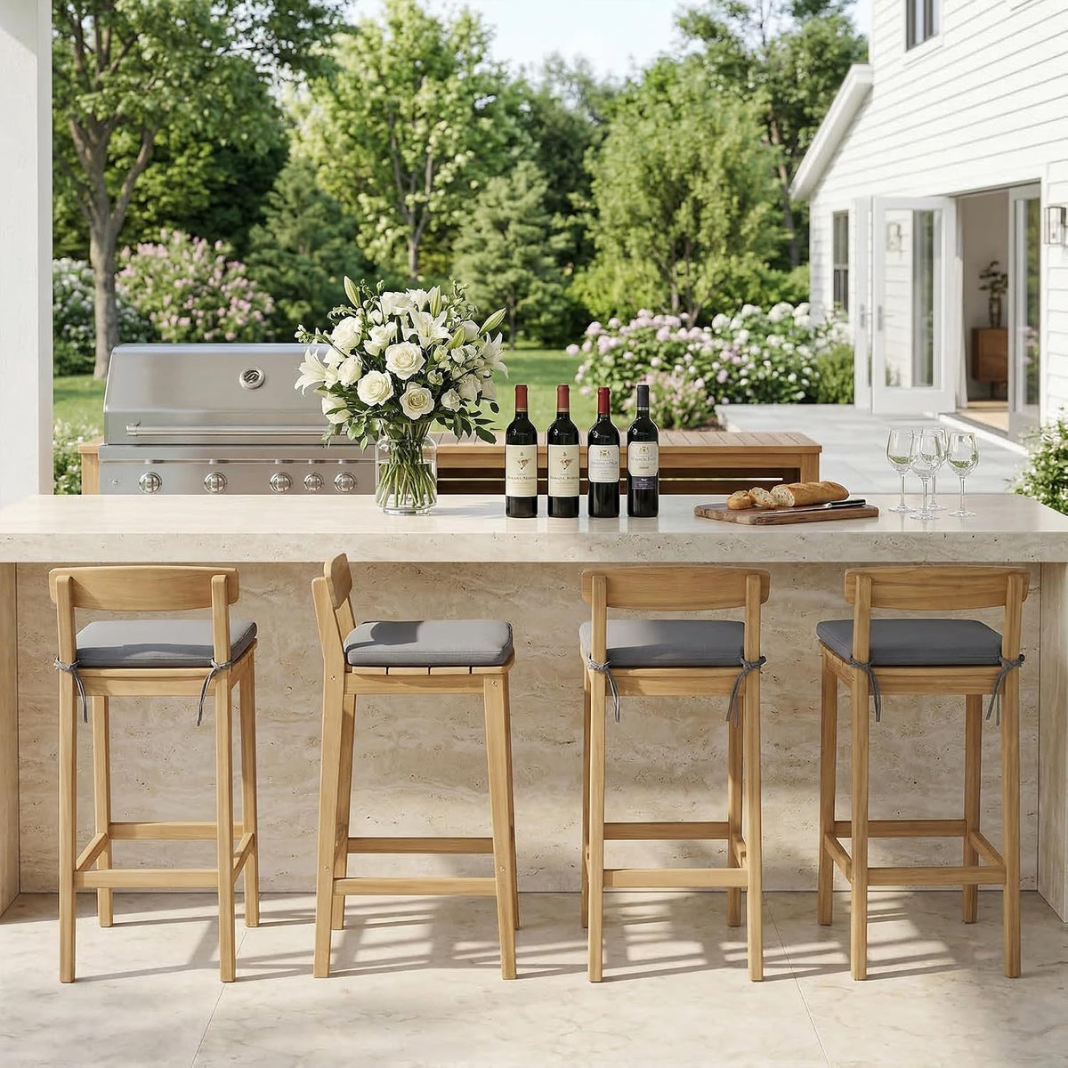 Patio Bar Stools Set of 4, Solid Acacia Wood Patio Barstools with Footrest, 28.5' Counter Height Outdoor Bar Stools, High Top Patio Bar Chairs for Balcony/Deck/Kitchen Island/Bistro, Grey