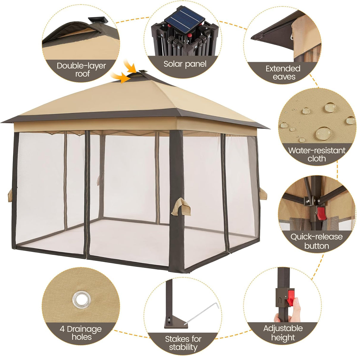 Yaheetech 11'x11' Pop Up Gazebo Instant Tent with 17 Solar LED Lights & Zippered Mesh Netting, Outdoor Shelter Sun Shade Gazebo with Sandbags for Backyard Garden Patio, Khaki & Brown