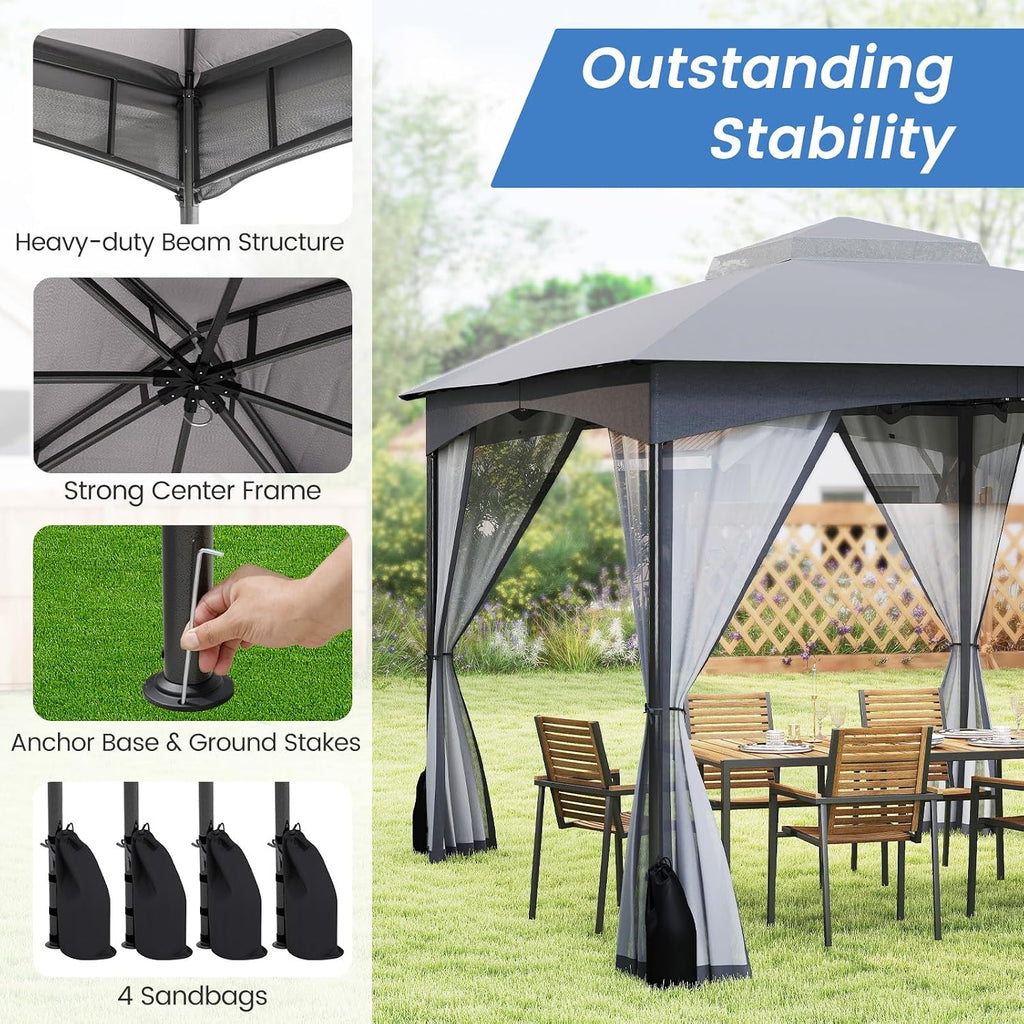 Tangkula 10x12 FT Outdoor Gazebo with Netting, Double Roof Patio Shelter with 4 Sandbags, Zippered Doors, Heavy-Duty Metal Frame, Metal Patio Gazebo for Yard Garden Lawn (Grey)