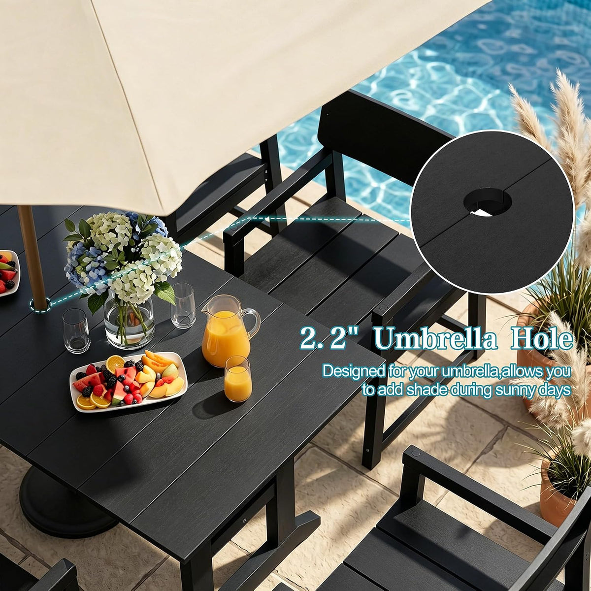 Vongrasig 7 Pieces Patio Dining Set, All Weather Outdoor HDPE Dining Furniture Set with Table and Chairs for 6, Patio Furniture Set with Umbrella Hole for Lawn, Backyard, Poolside, Black