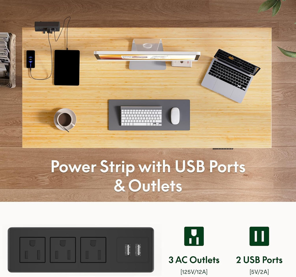 FLEXISPOT EN2 Bamboo Standing Desk with Clamp Power Strip, 48 x 24'' Electric Stand Up Height Adjustable Desk with Cable Management (Black Frame + 48' Bamboo Top, 2 Packages)