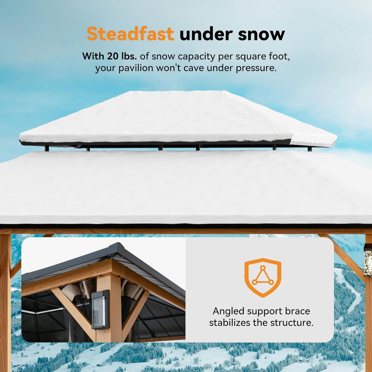 Modern Shade The Horizon Hard Top Gazebo 10' x 14' with 4 LED Lights, Permanent Hardtop Gazebo with Galvanized Steel Double Roof, Metal Gazebo with Decor Hooks, Mosquito Nettings for Patio, Wood Grain