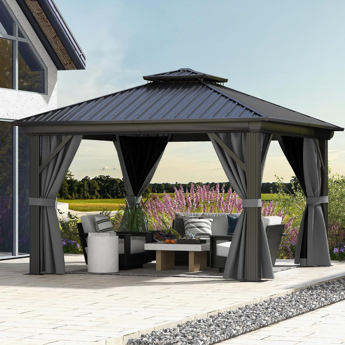 DWVO 12x12ft Gazebo Double Roof Hardtop with Nettings and Curtains, Heavy Duty Galvanized Steel Outdoor Vertical Stripes Roof for Patio, Backyard, Deck, Lawns, Grey