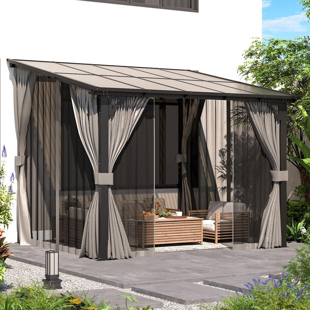 AECOJOY 10' X 8' Gazebo for Patio, Small Wall-Mounted Lean to Gazebo Pergola with Curtains and Netting, 8x10 Hard Top Pergolas and Gazebos on Clearance for Lawn Backyard Garden Deck