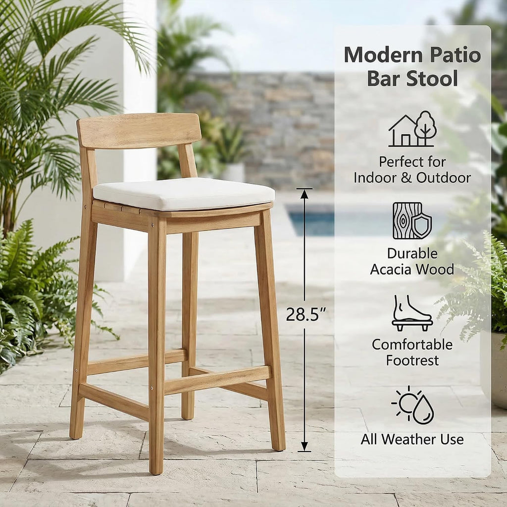 Patio Bar Stools Set of 4, Solid Acacia Wood Patio Barstools with Footrest, 28.5' Counter Height Outdoor Bar Stools, High Top Patio Bar Chairs for Balcony/Deck/Kitchen Island/Bistro, Beige