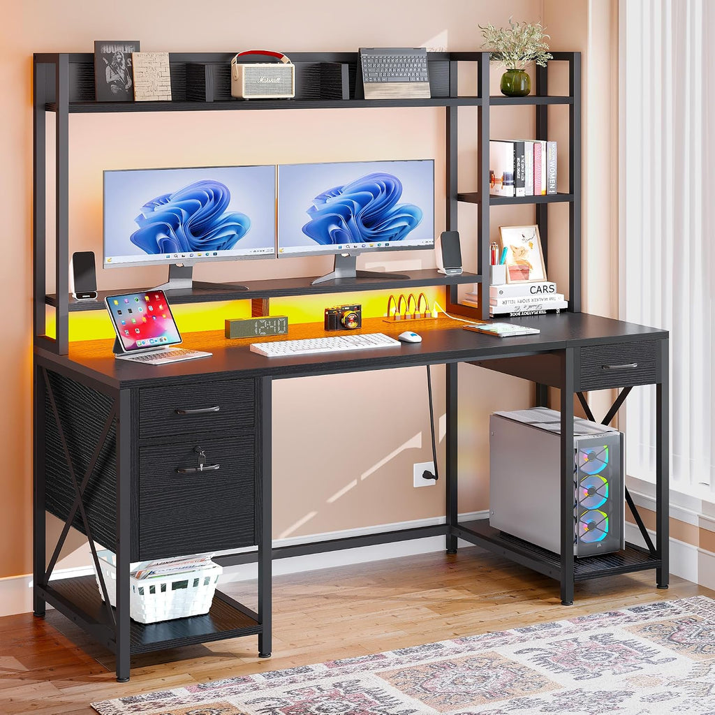 DWVO Computer Desk with Drawers & Hutch, 59.1' Office Desk with Power Outlets & LED Lights, Home Office Desk with Storage Shelves, Black