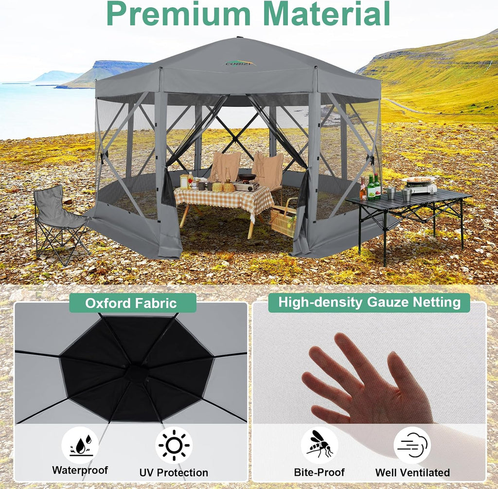 COBIZI 15x15 FT Pop Up Gazebo - Canopy Tent, Large Gazebos On Clearance,Instant Screened in Gazebo,carpas para Patio,Portable Screen Tents for 12-15 Persons Outdoor Camping, Backyard,Gray