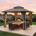 12x12 ft Hardtop Gazebo Outdoor Aluminum Patio Gazebo Double Roof Galvanized Steel Canopy with Netting and Curtains for Garden, Backyard,Deck and Lawns