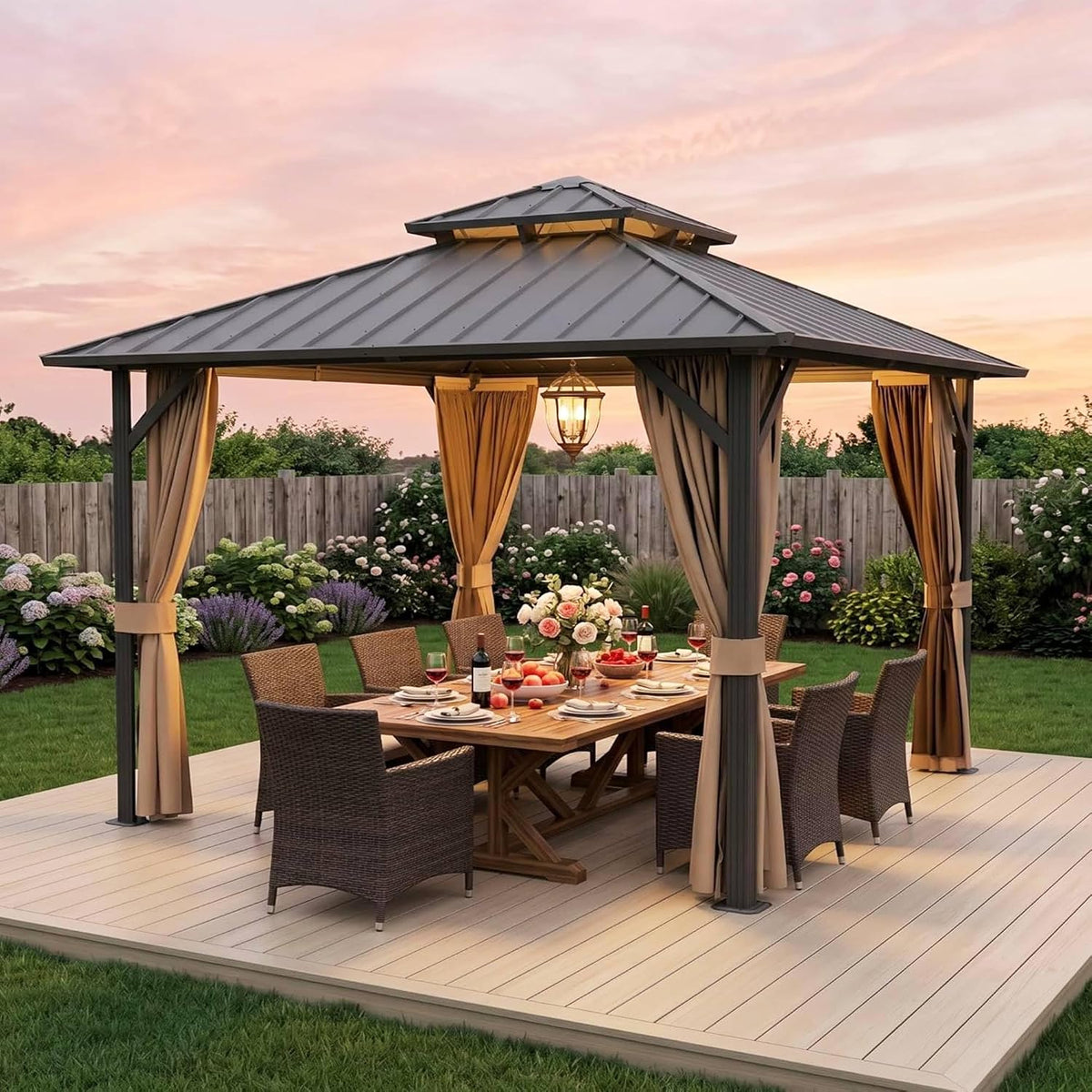 12x12 ft Hardtop Gazebo Outdoor Aluminum Patio Gazebo Double Roof Galvanized Steel Canopy with Netting and Curtains for Garden, Backyard,Deck and Lawns