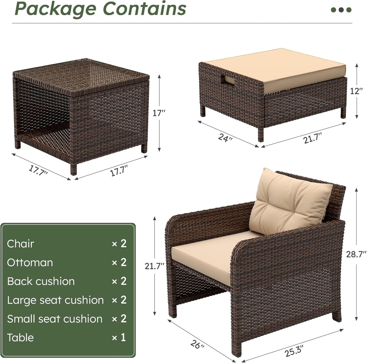 LHBcraft Balcony Furniture 5 Piece Wicker Patio Furniture Set, Outdoor Hand-Woven Rattan Lounge Chairs with Tempered Glass Coffee Table, Ottomans & Soft Cushions for Front Porch, Garden, Brown