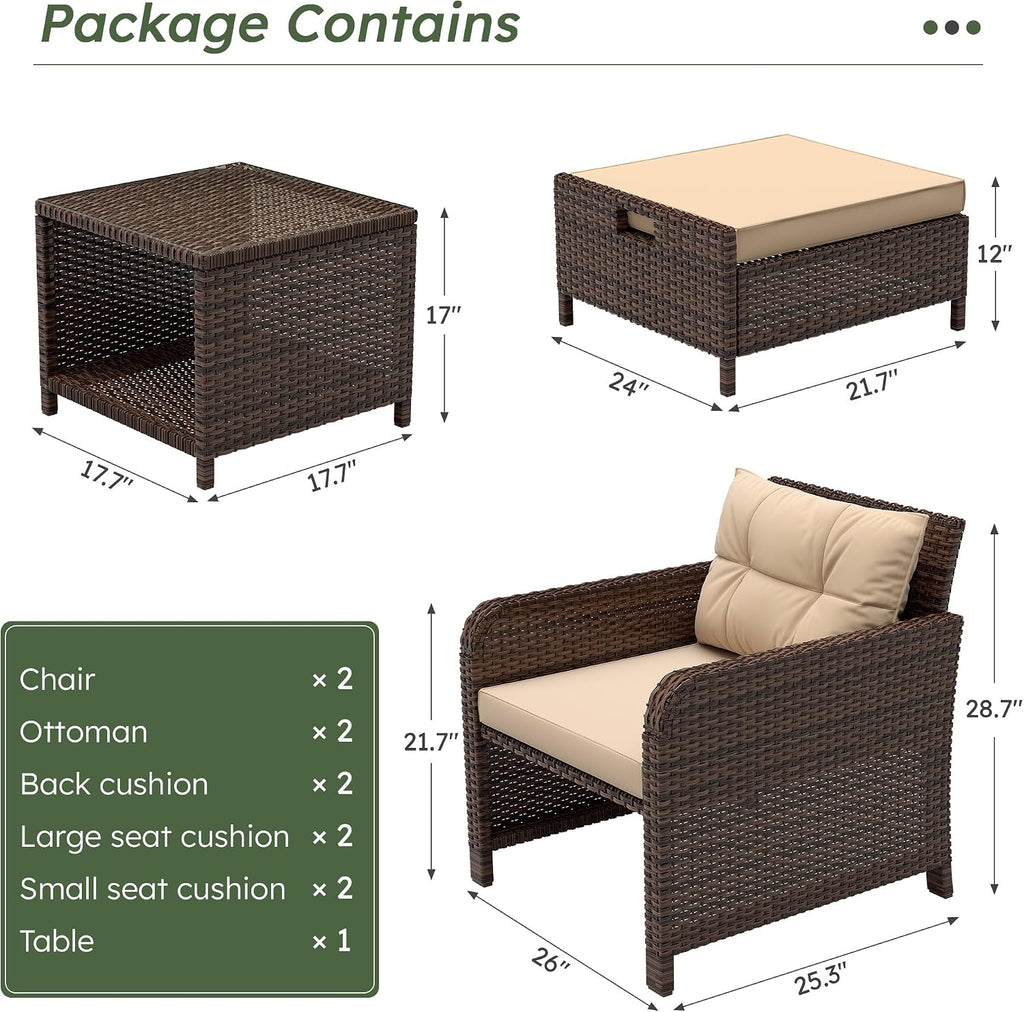 LHBcraft Outdoor Furniture 5 Piece Patio Conversation Set, PE Rattan Patio Set with Soft Cushions & Coffee Table, Outside Furniture with Hidden Ottoman for Porch, Lawn, Garden, Balcony, Brown