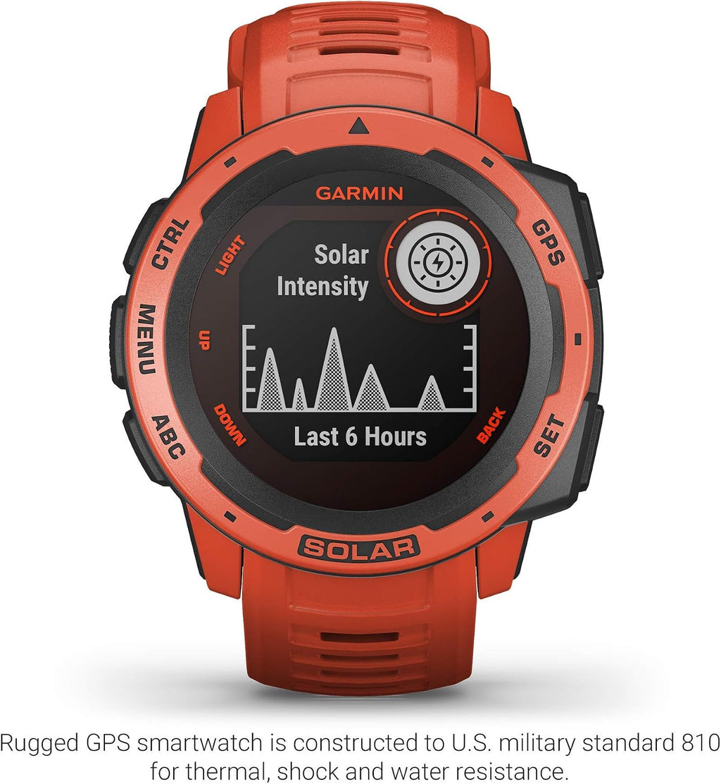 Garmin Instinct Solar, Solar-Powered Rugged Outdoor Smartwatch, Built-in Sports Apps and Health Monitoring, Flame Red (Renewed)