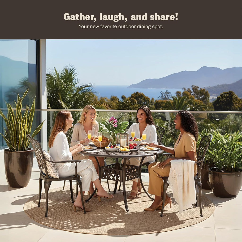 Mazatzal 5 Pieces Outdoor Furniture Dining Set for 4 All-Weather Cast Aluminum Round Patio Table and Chairs Outdoor Furniture Set with Umbrella Hole Retro Bronze Pattern Design