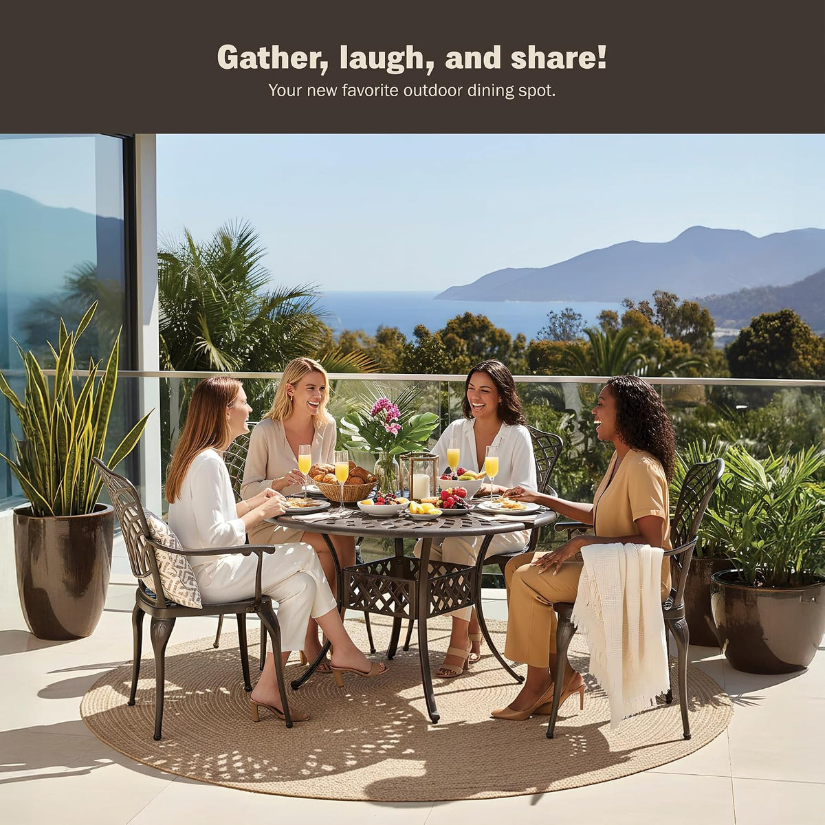 Mazatzal 5 Pieces Outdoor Furniture Dining Set for 4 All-Weather Cast Aluminum Round Patio Table and Chairs Outdoor Furniture Set with Umbrella Hole Retro Bronze Pattern Design