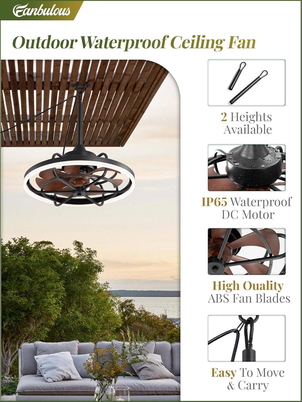 Fanbulous Outdoor Ceiling Fans with Light for Patios, 20' Weatherproof Plug in Ceiling Fan, Gazebo Fan Remote&APP Control, 3CCT Dimmable,Caged Ceiling Fan with Hanging Hook for Porch, Pergola,Canopy