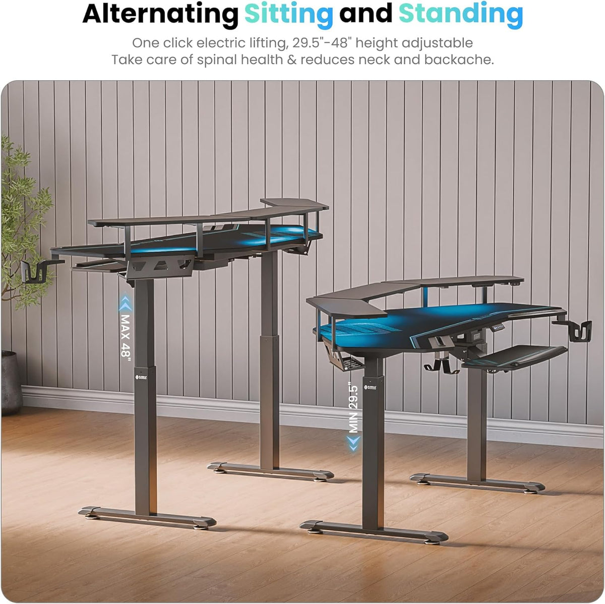 EUREKA ERGONOMIC Gaming Desk, Standing Desk w Keyboard Tray, 72' Wing Shaped Music Studio Table with LED Shelves, Gaming Recording Live Stream, Slot Design