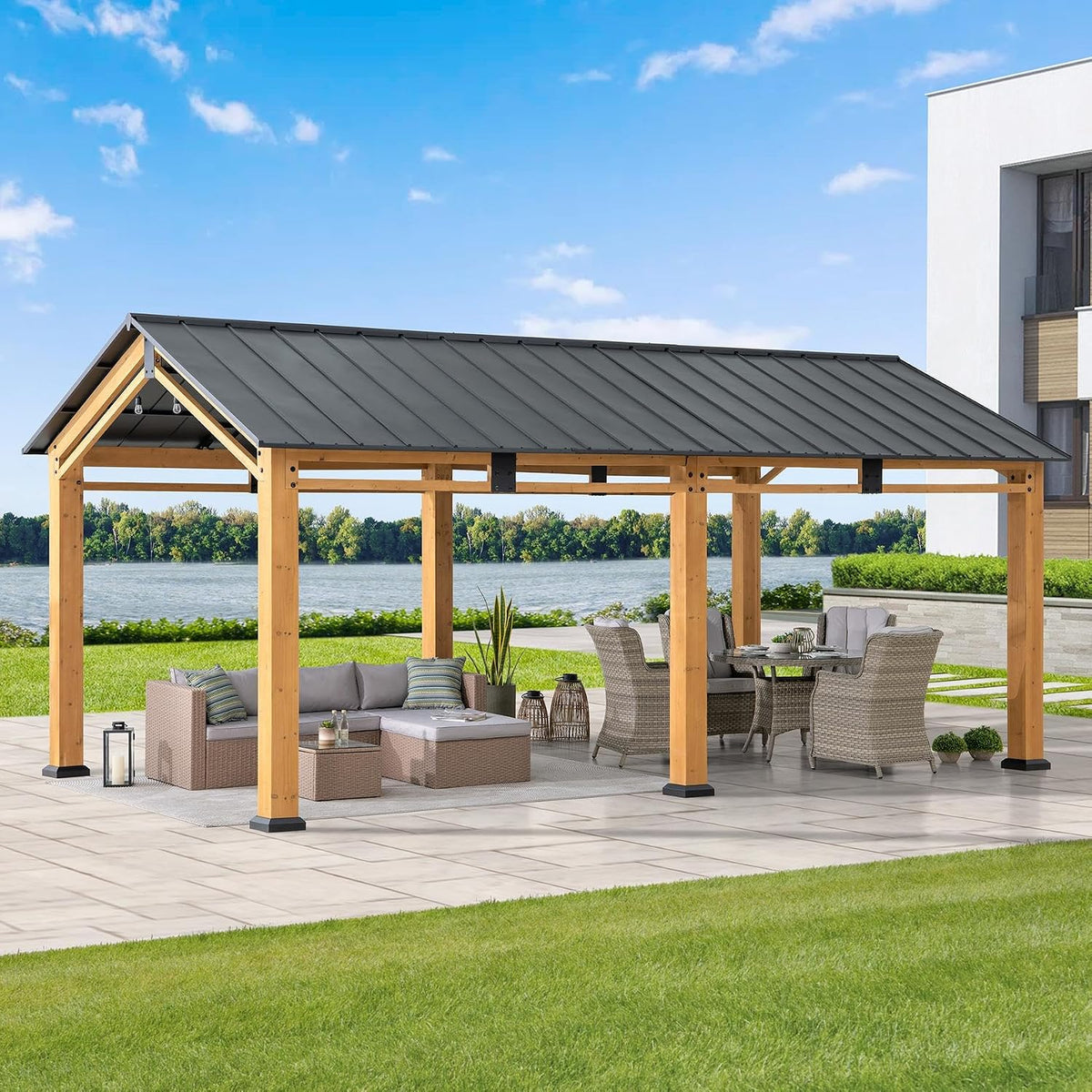 SUNJOY Carport 11 ft. x 20 ft. Standard Wood Gazebo Heavy Duty Garage, Cedar Framed Gazebo Car Shelter with Metal Roof and Movable Ceiling Hook, Shade for Backyard, Patio Lawn and Garden