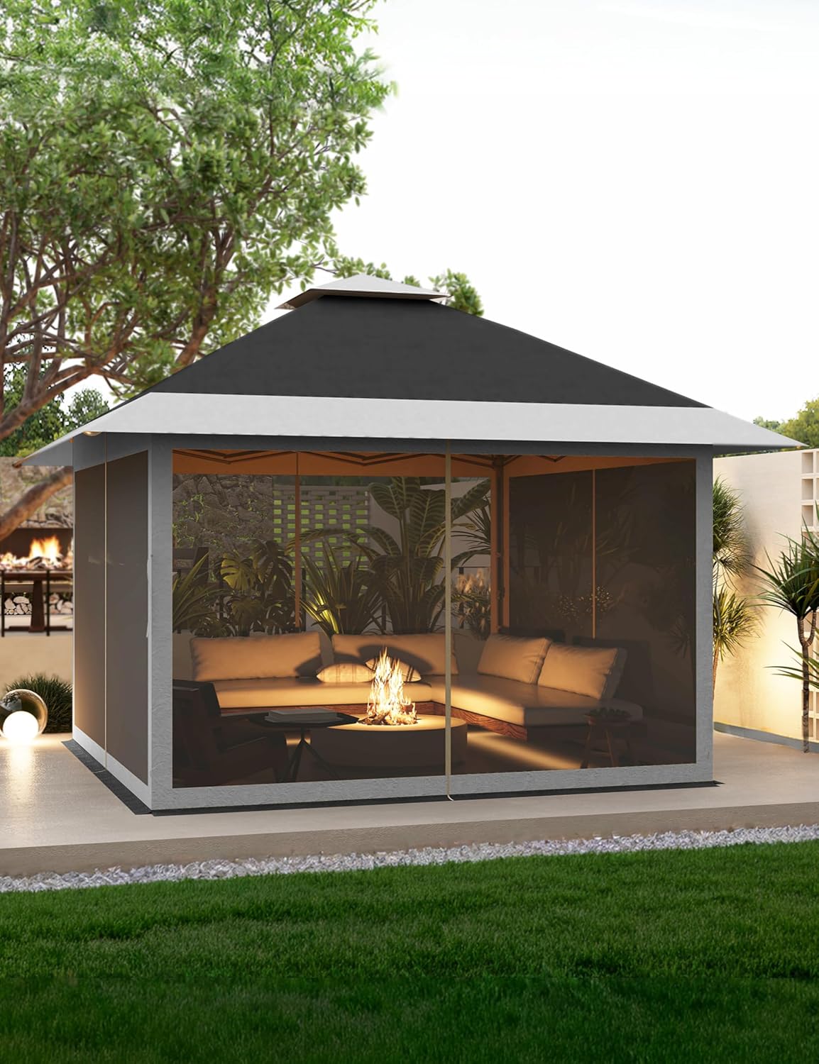 KYBOLT 13x13 Pop Up Gazebo Outdoor Canopy Shelter with Mosquito Netting 4 Stanbags Instant Gazebo Tent for Lawn, Garden, Backyard Deck (Charcoal Gray + Light Gray)