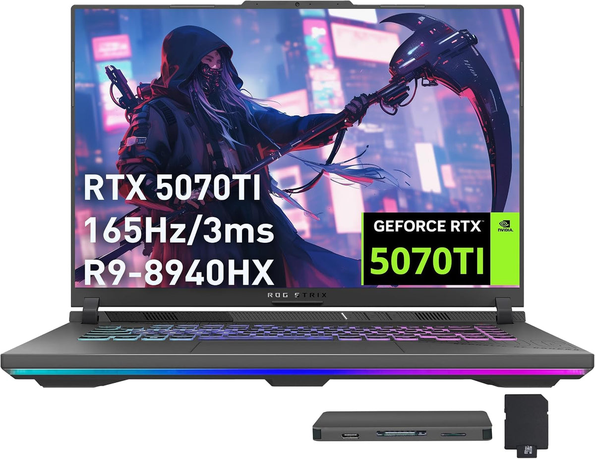 ASUS ROG Strix G16 Gaming Laptop, GeForce RTX 5070 Ti 12GB GDDR7, AMD Ryzen 9 8940HX, 16GB DDR5, 1TB SSD, Backlit Keyboard, FHD Camera, 16' WUXGA 165Hz Display, Win 11, Gray, 1TB Docking Station Set
