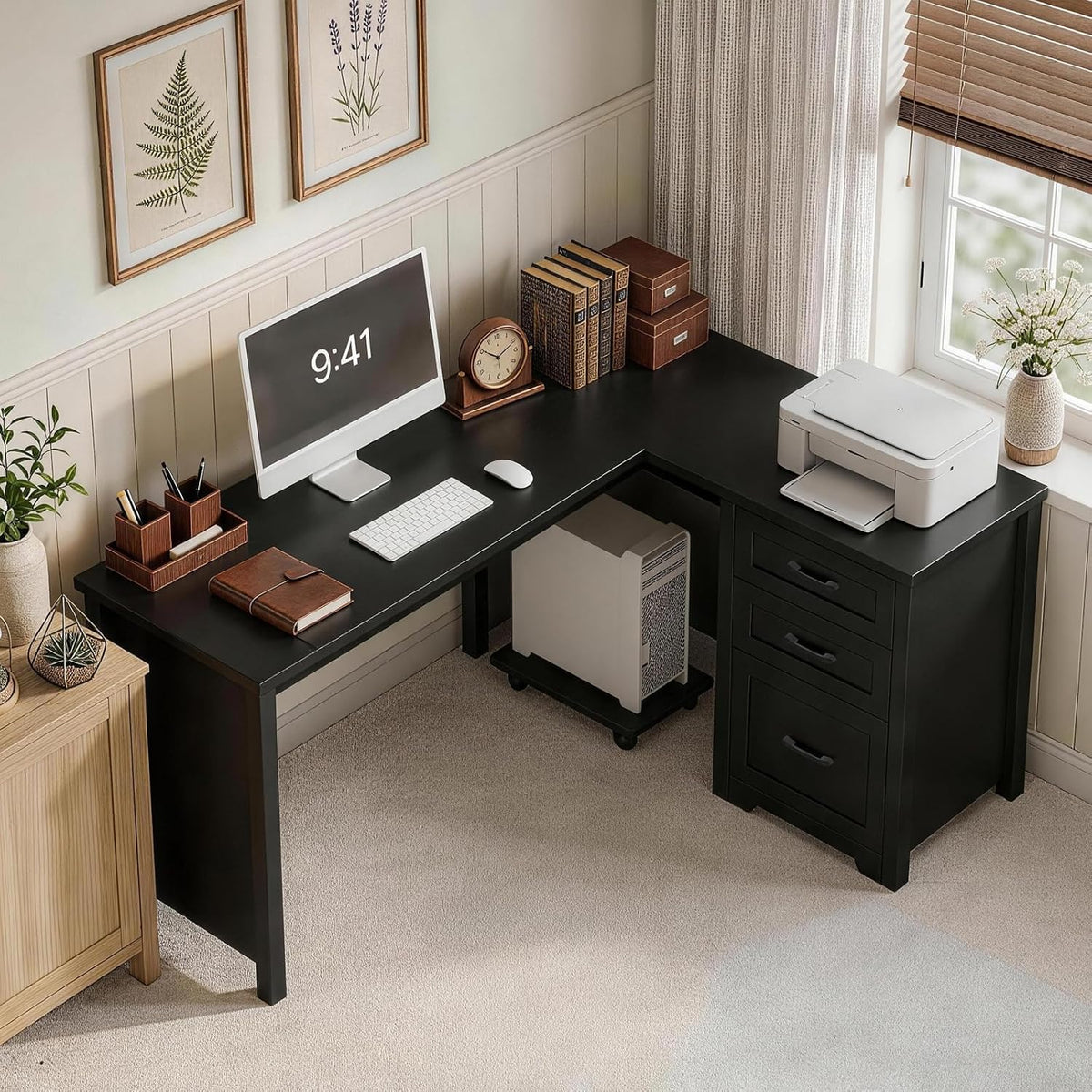 Vabches 61'Farmhouse L Shaped Executive Desk with File Drawers, Corner Computer Desk with Mobile CPU Stand, Wood Writing Computer Desk for Work, Study.Pure Black