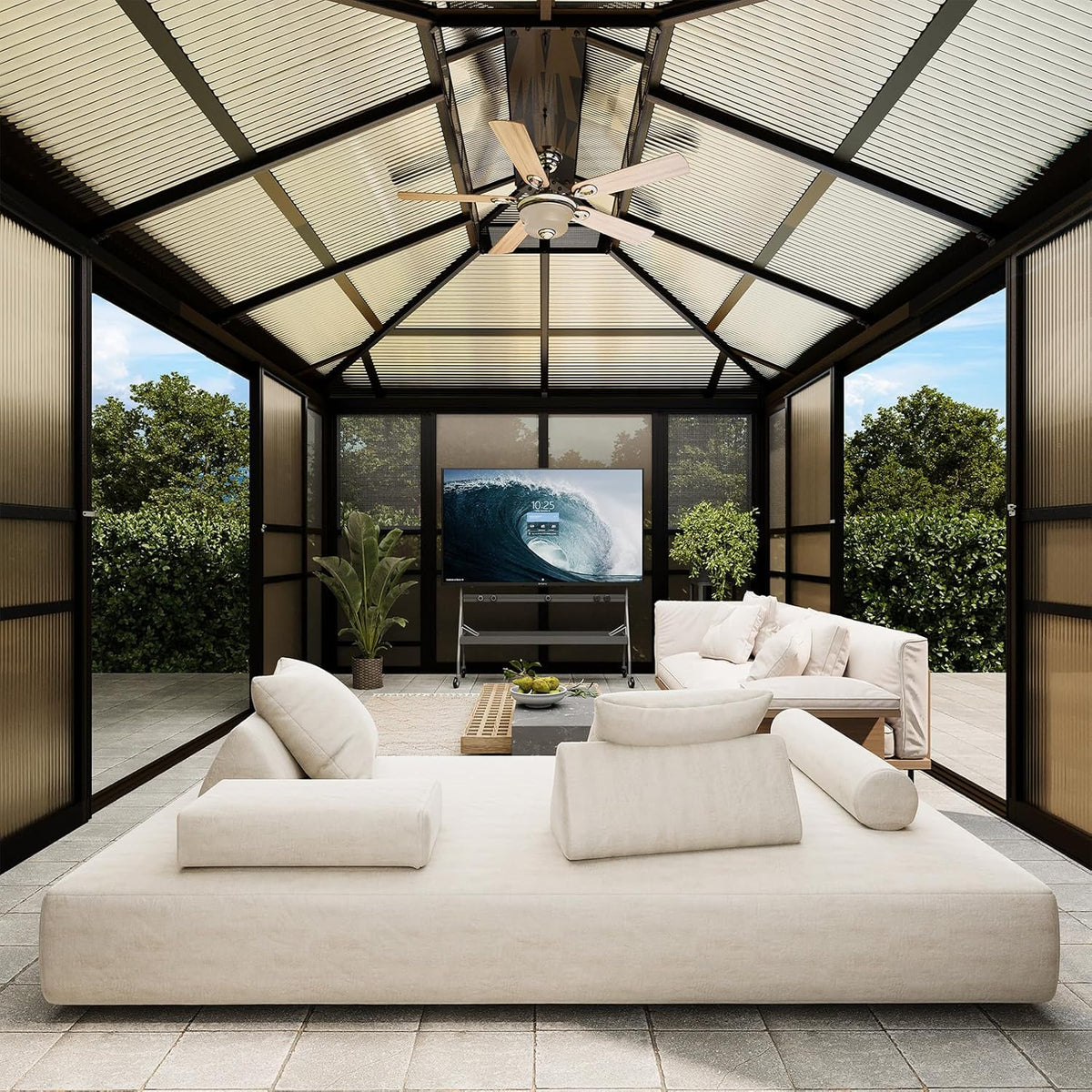 EROMMY 12x16 Sunroom Gazebo, Polycarbonate Roof Outdoor Solarium with Sliding Door & Adjustable Window Panels, Enclosed Patio Sunroom with Mesh Screens, Aluminum Frame Backyard Enclosure