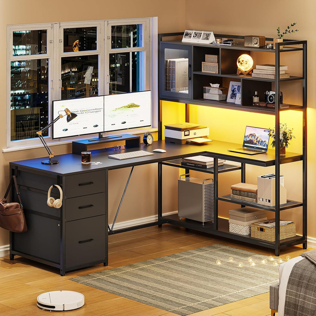SEDETA L Shaped Computer Desk, 58'' Office Desk with 3 Drawers and Bookshelf, L Shaped Corner Desk with Storage Shelves and LED Light for Home Office, Gaming Desk, L Desk, Black
