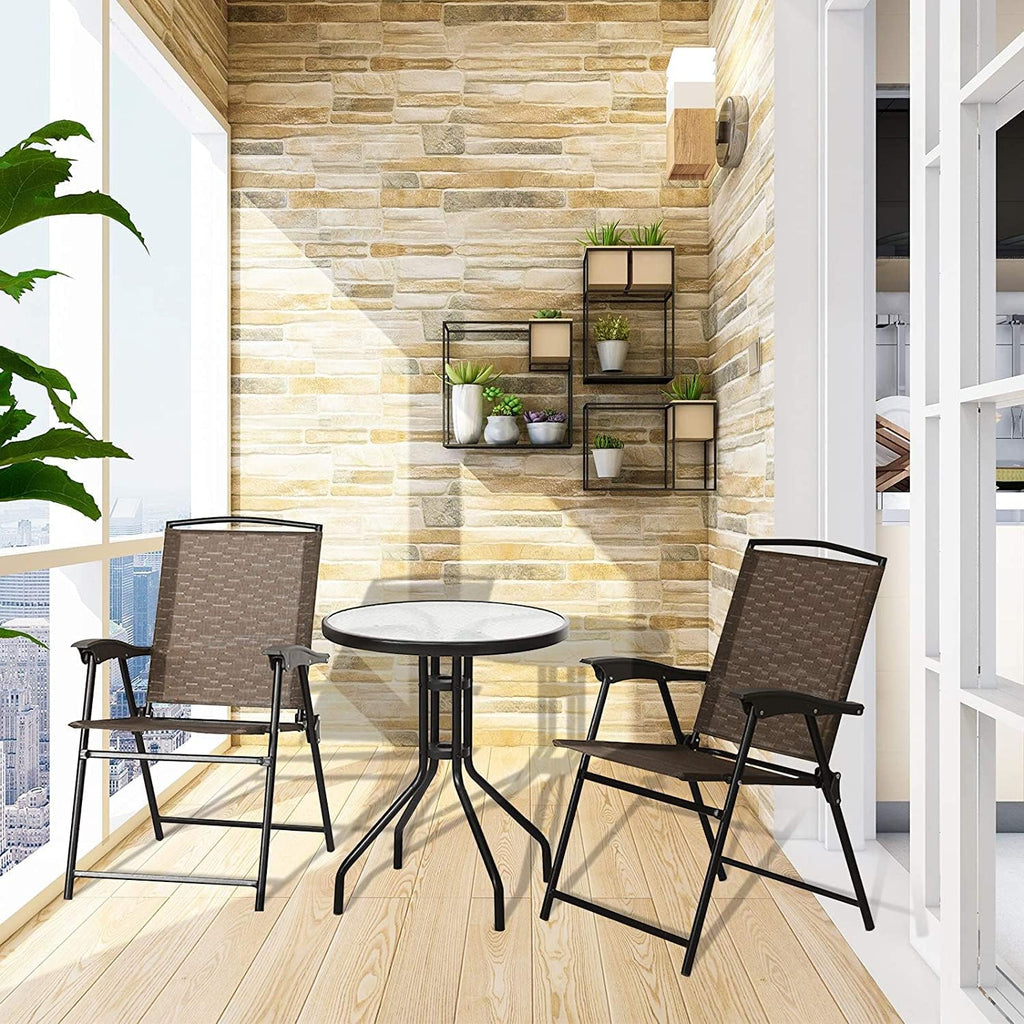 LDAILY LUARANE 3 Piece Patio Bistro Set, Outdoor Table and Chairs Set, 2 Folding Chairs & Coffee Table w/Textured Glass Tabletop, Small Patio Furniture Set for Balcony, Front Porch, Backyard & Garden